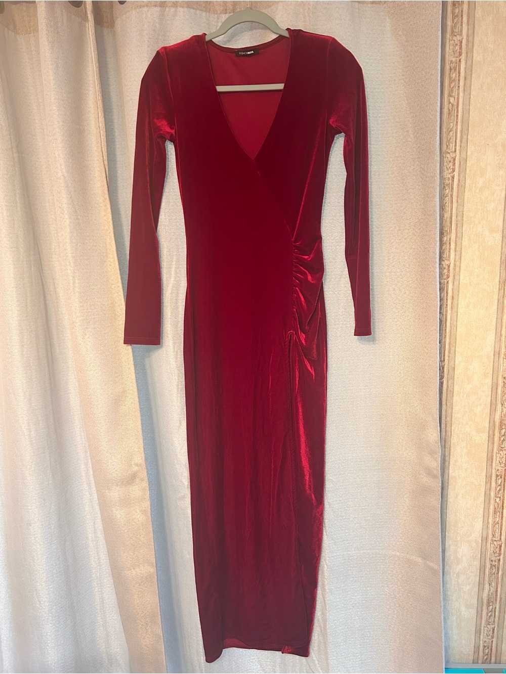 Fashion Nova Red Velvet Long Sleeve Wrap Maxi Dress Small